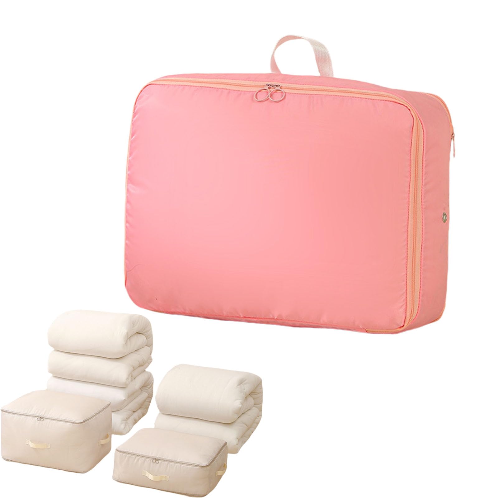 Twaynorb Ultra Space Saving Self Compression Organizer, Heavy Duty Moving Storage Totes Bags with Zipper for Comforters, Clothes, Blankets, Bedding (Pink,Medium)