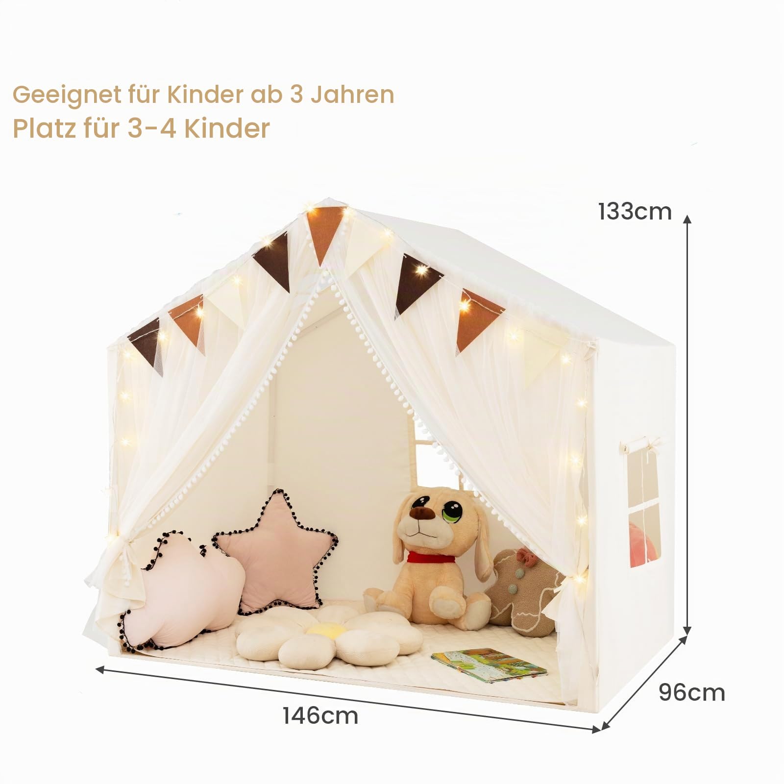 DREAMADE Kinderzelt für Drinnen mit Matte und Lichtern Flaggenbanner, Prinzessin Spielzelt Kuschelecke Kinderzimmer Dekor, Kinder Spielhaus Indoor für Jungen und Mädchen ab 3 Jahren (Beige)