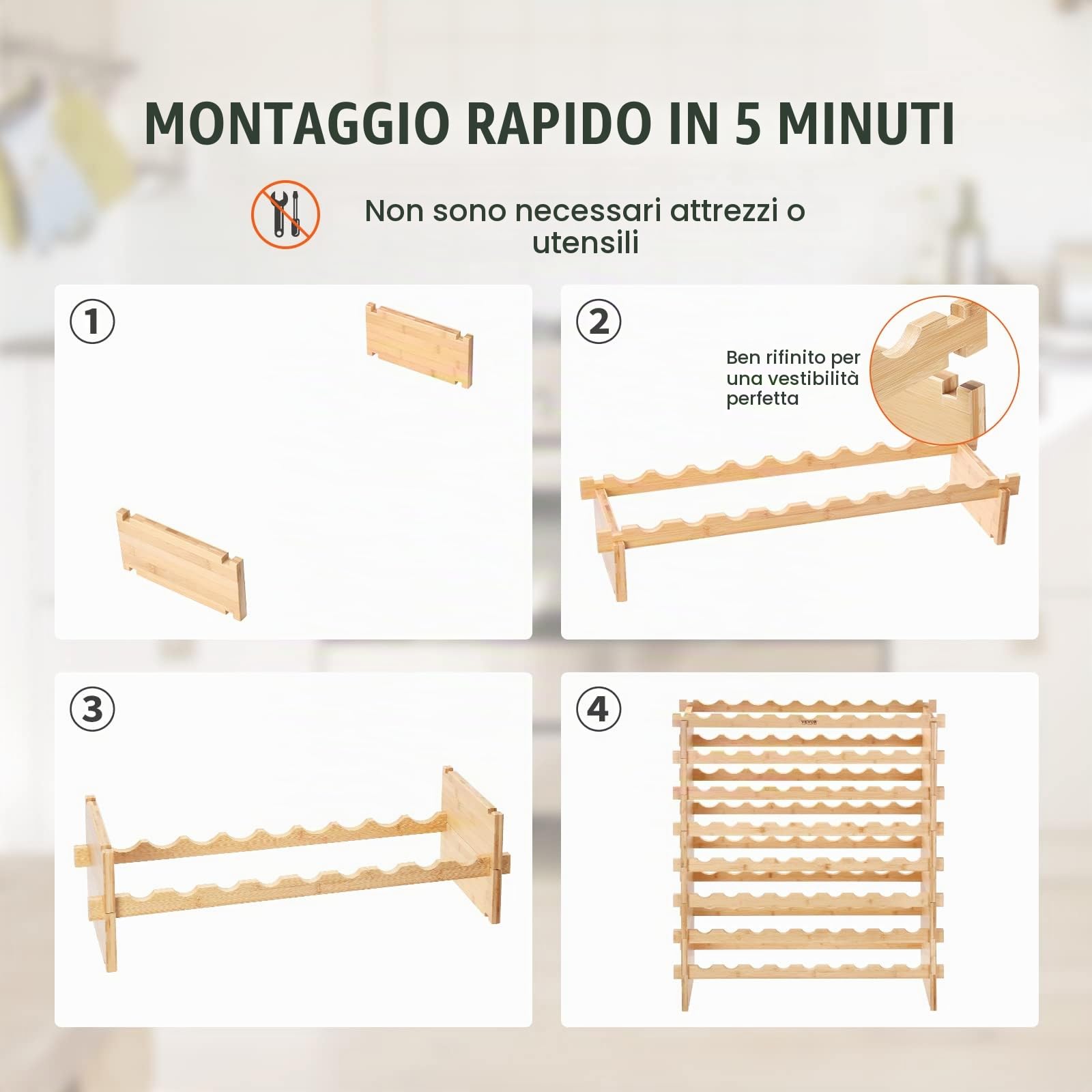 VEVOR Portabottiglie per Vino in Legno di Bambù Impilabile 8 Ripiani Capacità Max. 72 Bottiglie, Cantinetta Portabottiglie 8 Piani da Terra per Vino Materiale Legno Bambù Struttura Modulare Fai-da-te