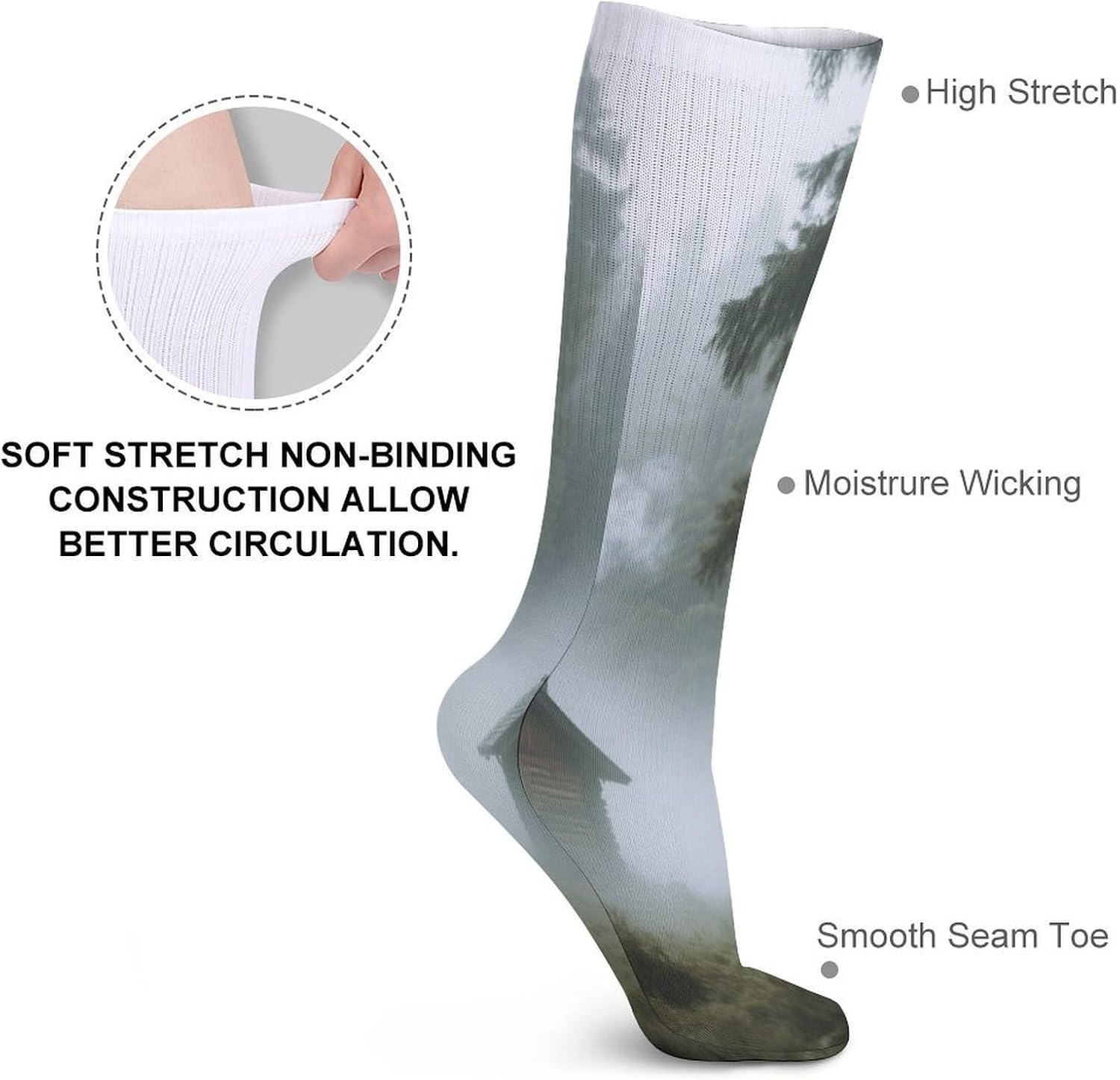 Forest Fog Wooden House Crew Socks High Stocking Thermal Socks | Tube Socks-Breathable-Moisture-Soft-wicking for Hospital Pilates Yoga for women men Grippy for office and daily walking