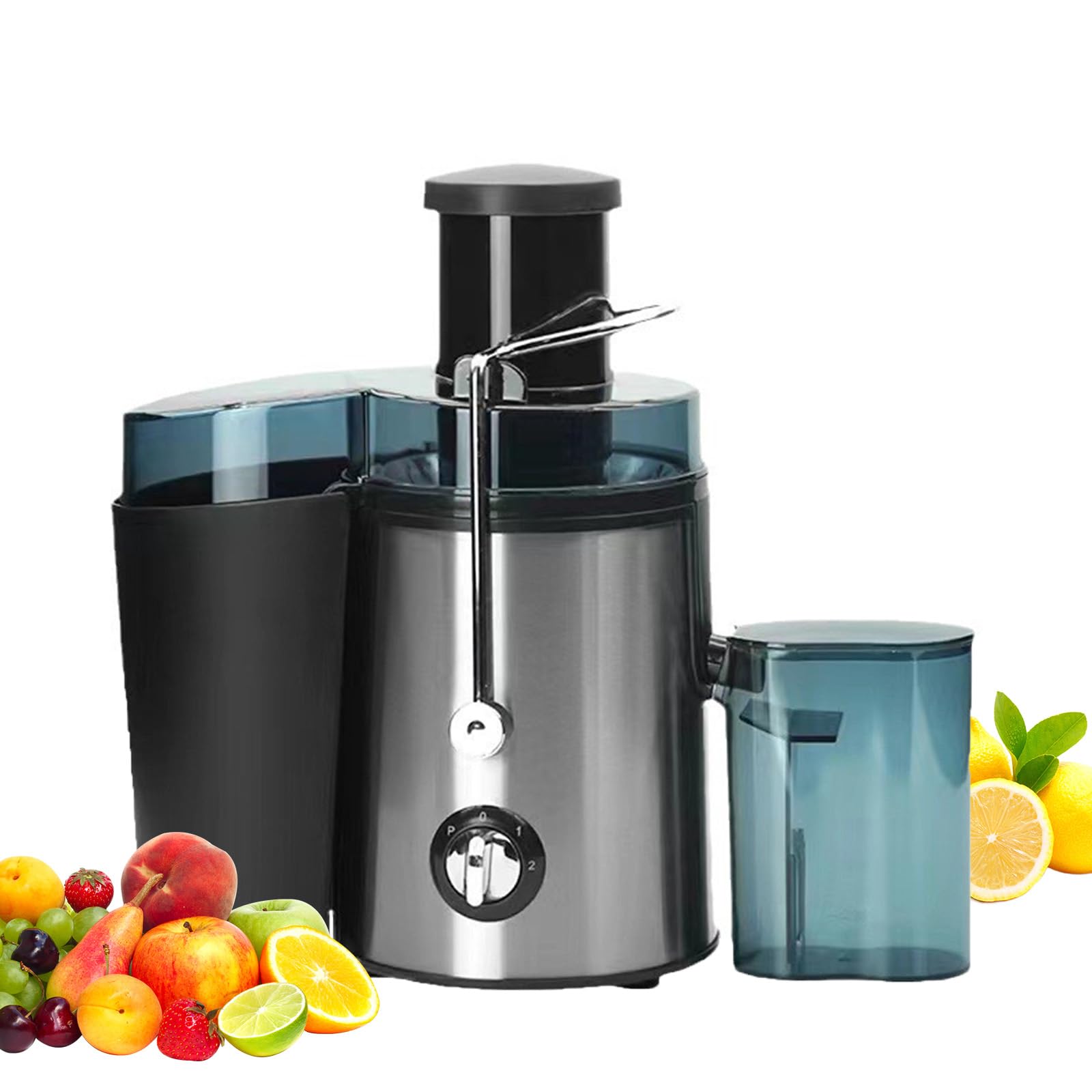 Licuadora centrífuga de 800 W, de acero inoxidable, con capacidad de 450 ml, control de 2 velocidades, sistema antigoteo y tolva de alimentación de 65 mm para frutas y verduras.