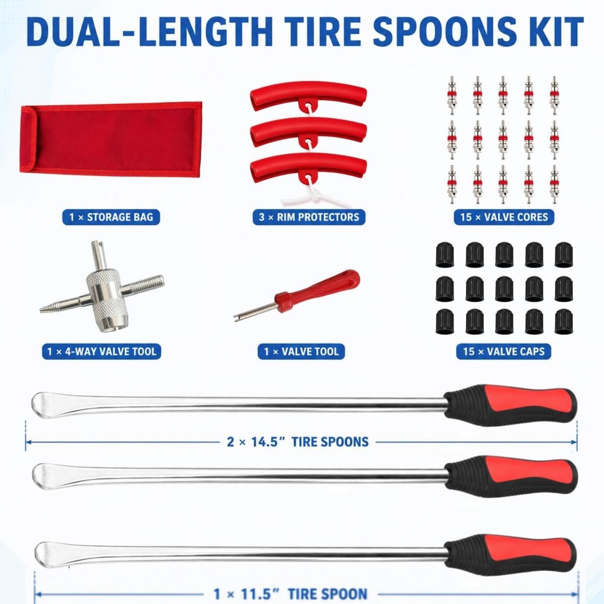 39PCS Tire Spoons Kit, Upgraded Tire Removal Tool Kit with 14.5" & 11.5" Tire Levers, Rim Protectors & Valve Tool, Valve Cover and Valve Core,tire changing tool kit for Motorcycle Dirt Bike Lawn Mower