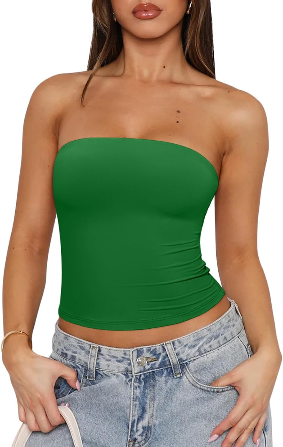 REORIA Women's Strapless Tube Top Double Lined & Non-Slip Y2K Backless Crop Tops for Summer Going Out