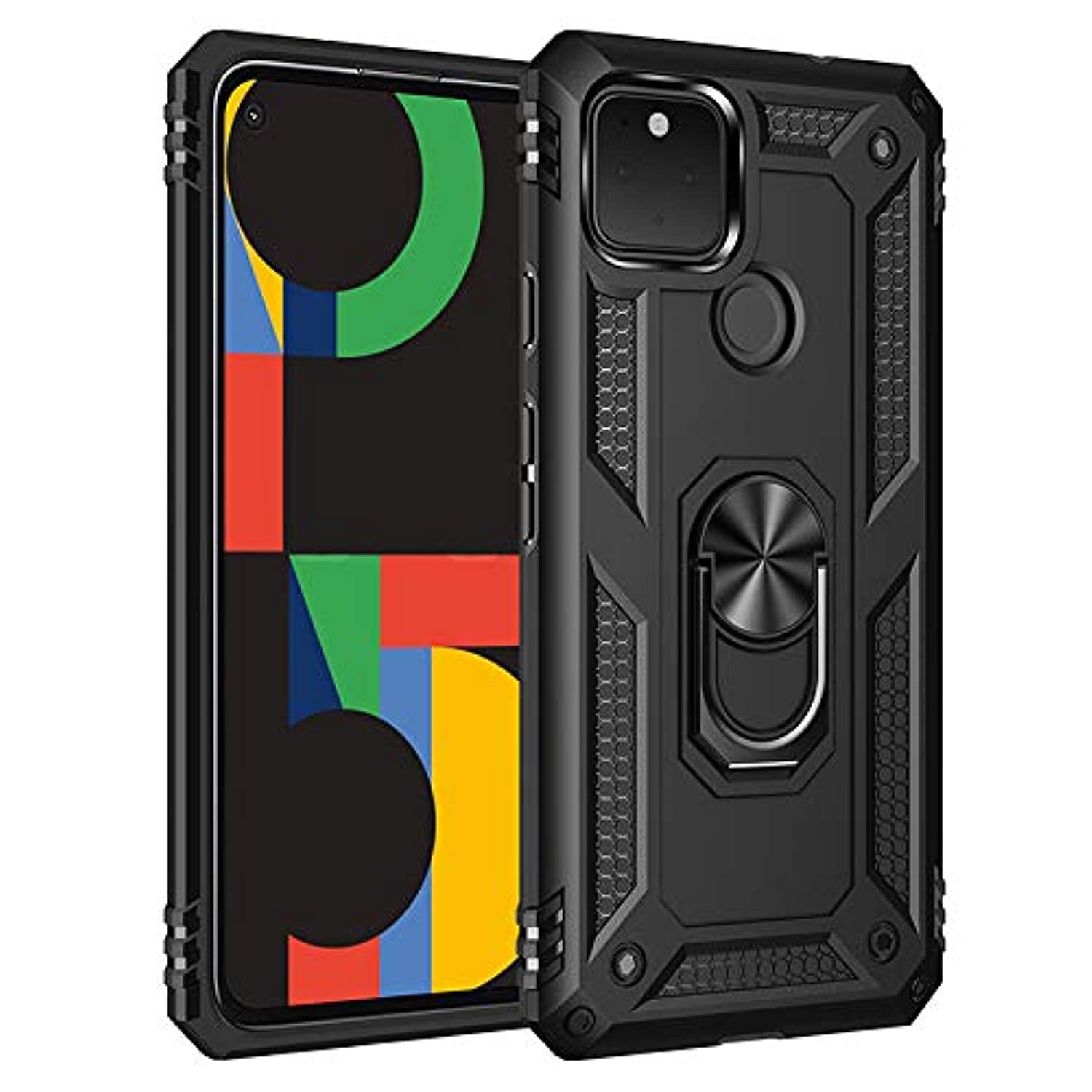 Case for Google Pixel 4a 5G,Ring Holder Protective Silicone Shockproof Tough Armor Hard Phone Cover,Black