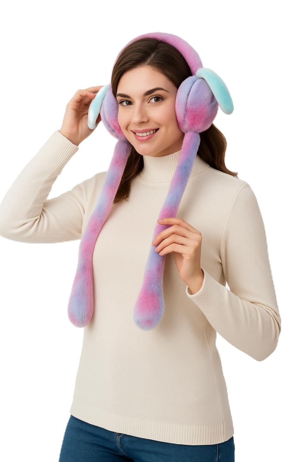 Rainbow Fluffy Bunny Earmuffs for Kids, Super Soft Plush Winter Ear Warmers with Moving Paws and Chu Chu Sound, Colorful Cute Design, One Size Fits All-image-31