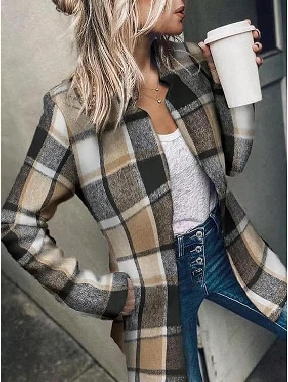 Datebacko Women's Solid Color Pocket Long Sleeve Open Front Coat, Casual Work Twill Blazer with Notch Design3