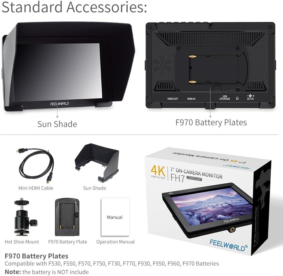 FEELWORLD FH7 monitor and its standard accessories including sun shade, F970 battery plate, mini HDMI cable, hot shoe mount, and operation manual.
