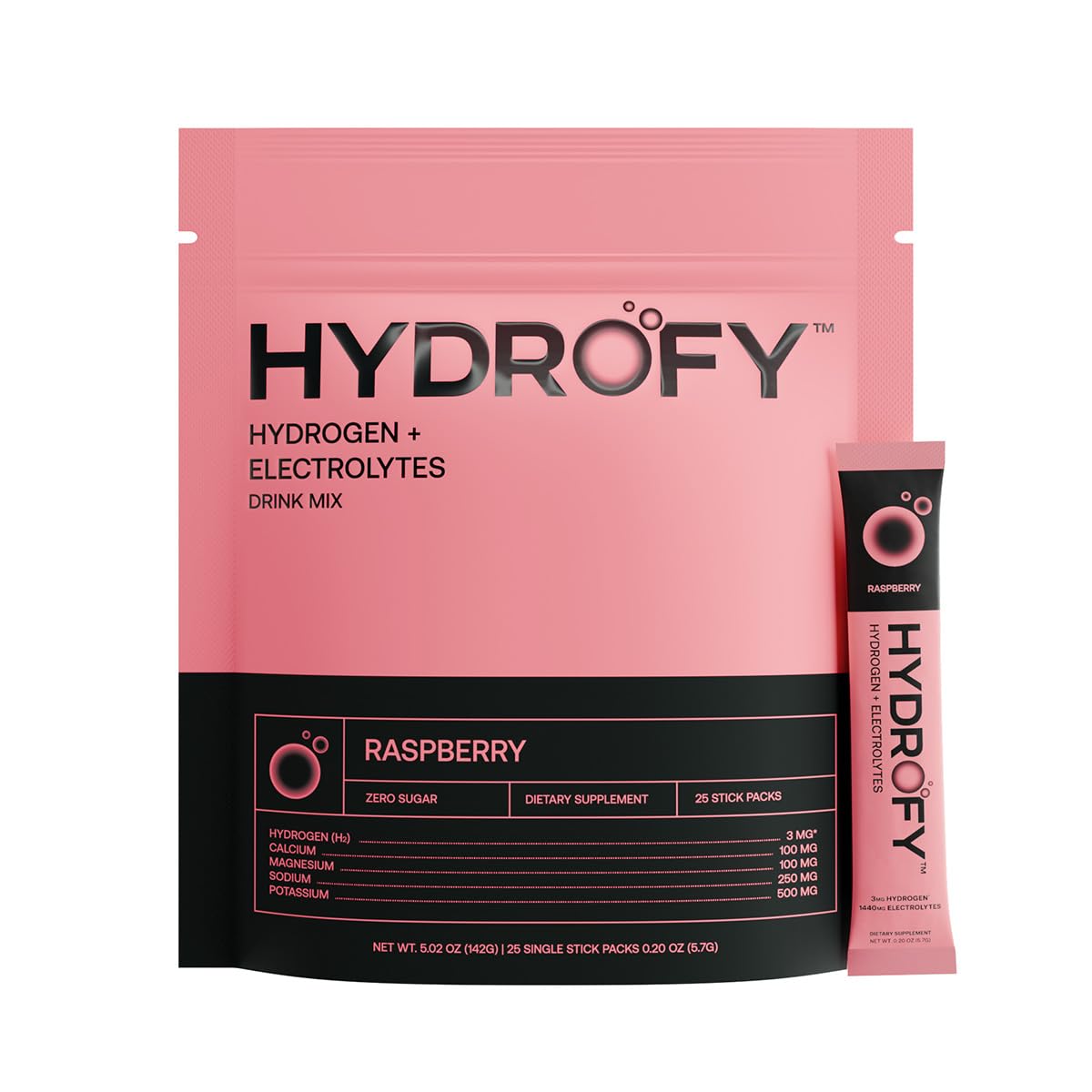 Hydrofy Hydrogen Water + Electrolytes Drink Mix | H2 Hydration Packets with Molecular Hydrogen, Sodium, Potassium, Magnesium, Calcium, and Minerals | No Sugar | Raspberry 25 Ct