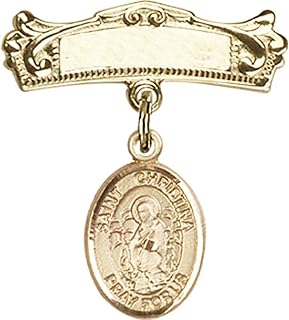 Gold Filled Baby Badge with St. Christina The Astonishing Charm and Arched Polished Badge Pin 7/8 X 3/4 inches