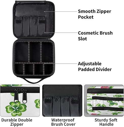 Miniatura 4 de Bolsa de maquillaje de viaje para mujer, grande, cuadrada, portátil, profesional, coqueta, tren, estuche cosmético con asa, trébol, flor de