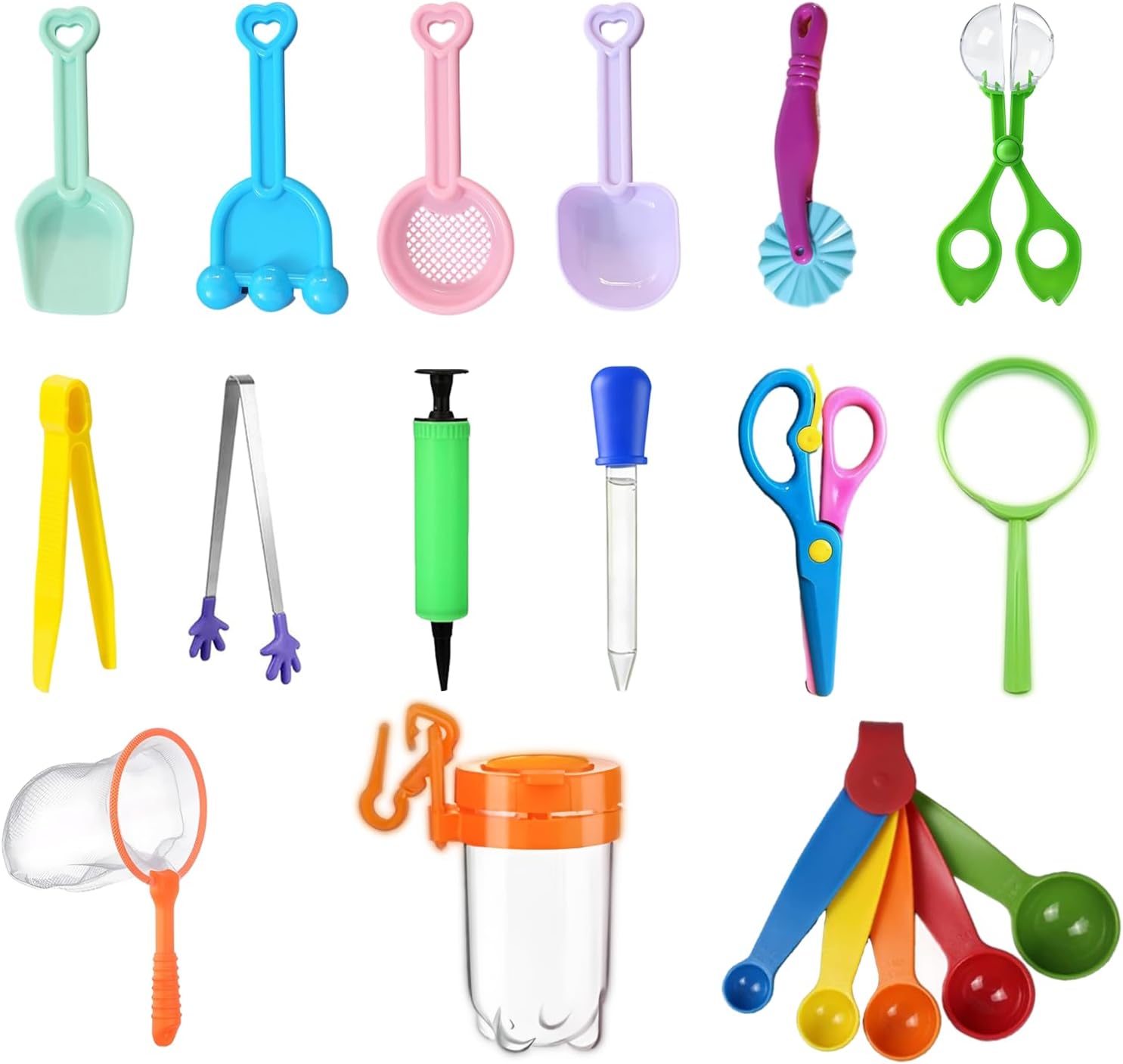 19 Pcs Sensory Bin Filler ，Sensory Bin Tools，Fine Motor Skills Handy Tools with Scoops, Tweezers, Beach Shovels, Air Pump, Scissors Clip, Magnifying Glass, Dropper, Mesh Scoop for Sensory Play