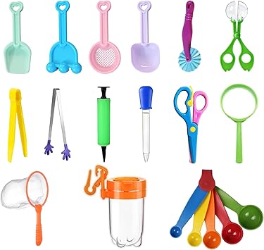 19 Pcs Sensory Bin Filler ,Sensory Bin Tools,Fine Motor Skills Handy Tools with Scoops, Tweezers, Beach Shovels, Air Pump, Scissors Clip, Magnifying Glass, Dropper, Mesh Scoop for Sensory Play