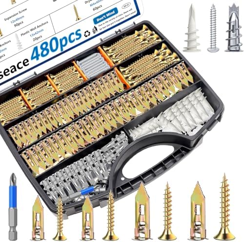 smseace 480 Pcs Self Drilling Dry Wall Anchors 4-Sizes Zinc Plated Steel and Plastic Sheetrock Anchors and 5-Sizes Self Drilling Anchor Screws Used for Hanging Picture Frames, Curtains, Plants, Clocks