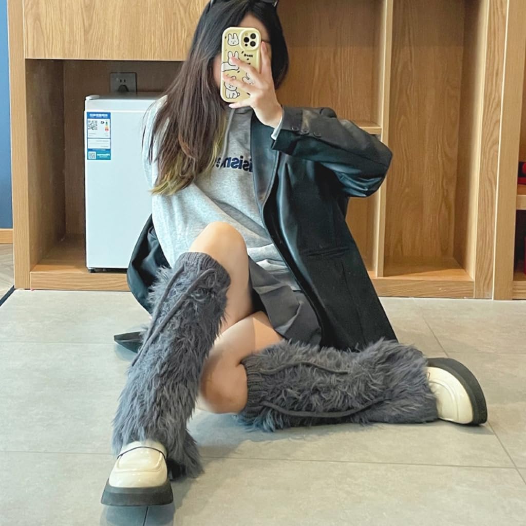 Women Y2K Vintage Furry Leg Warmer Winter Warm Drawstring Fuzzy Boot Cover Socks
