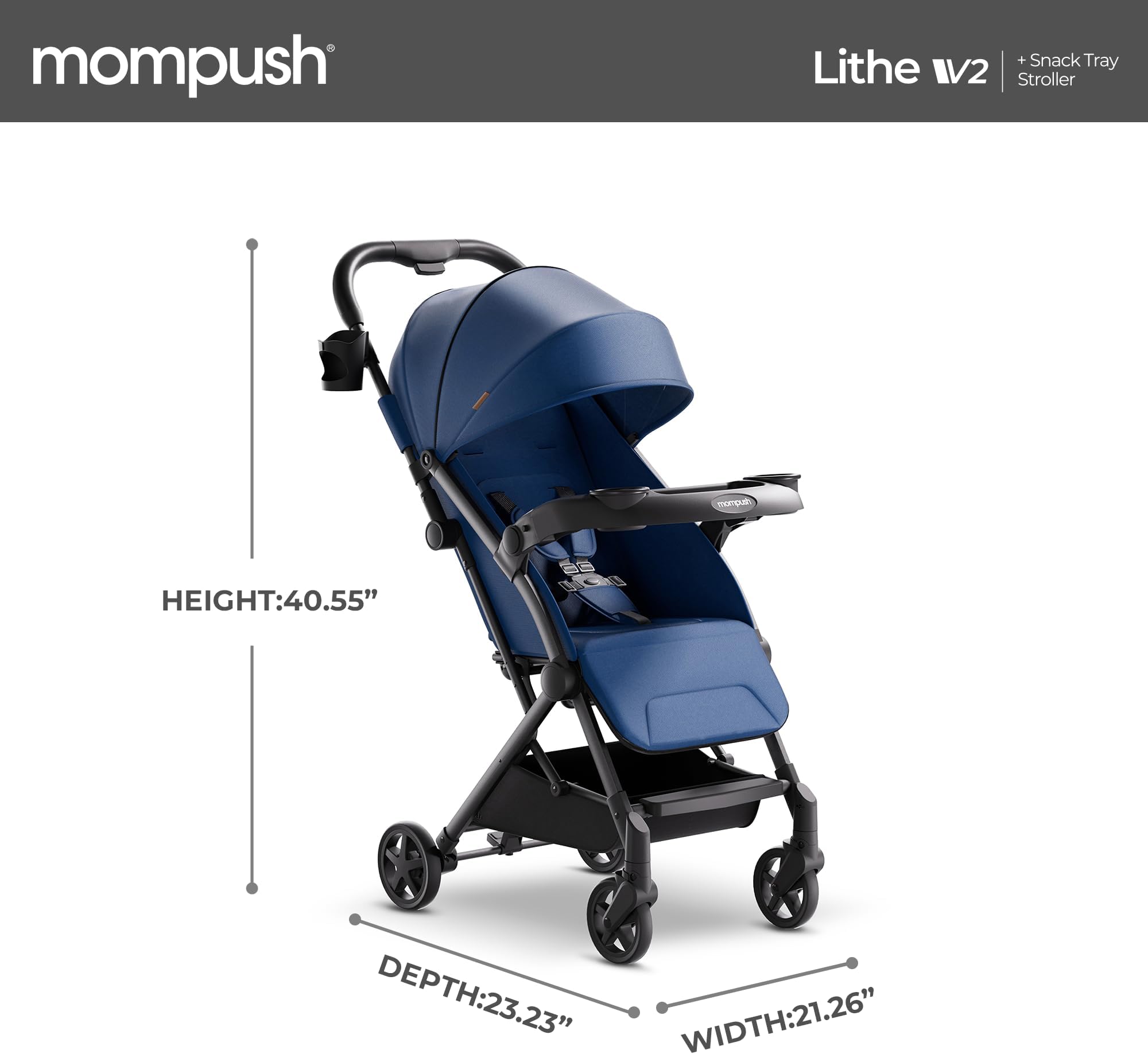 Mompush Lithe V2 Lightweight Stroller with Snack Tray, Ultra Compact Fold & Airplane Ready Travel Stroller, Near Flat Recline Seat, Cup Holder, Raincover & Travelbag Included