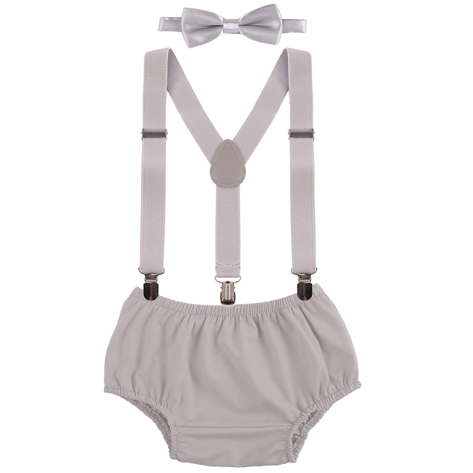 Ibtom Castle Men's Gray Newborn Baby Boys Toddlers Cake Smash Outfit Shorts Bloomers Bowtie Adjustable Elastic Y Back Suspenders Photo Props Children Kids Unisex Braces 3Pcs Set One Size