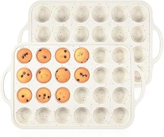 CAKETIME Mini Muffin Pans 24 Cups Nonstick Silicone with Metal Reinforced Frame & Handles, 2 Pack for Muffins Cupcakes Egg Bites