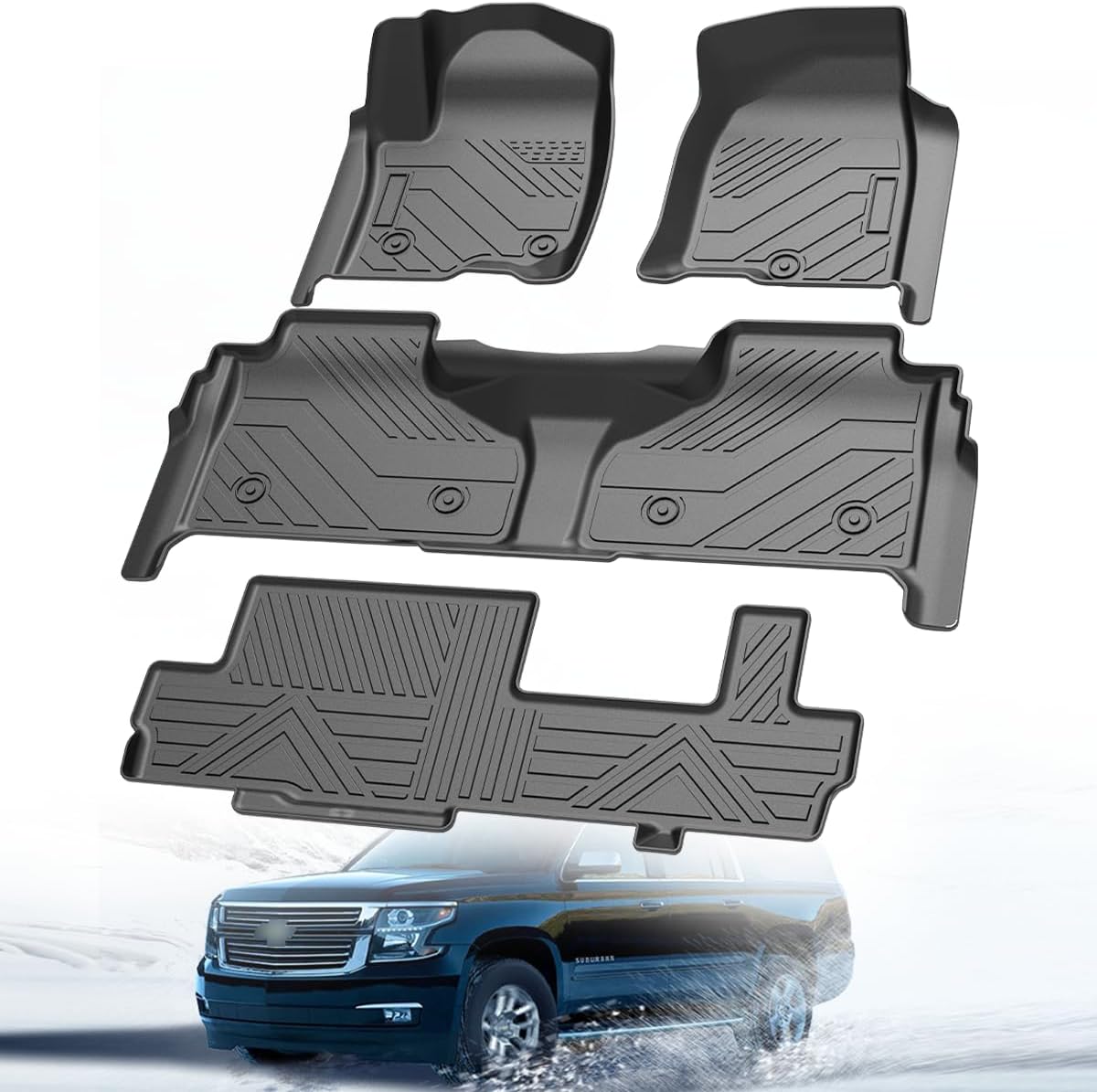 Floor Mats for Suburban 2021-2024 for Yukon XL (Only Fit 7seats) 2021-2024 TPE All-Weather for Car Mat Custom Fit Heavy Duty Truck Floor Liners Accessories (4-Piece Set, Black)