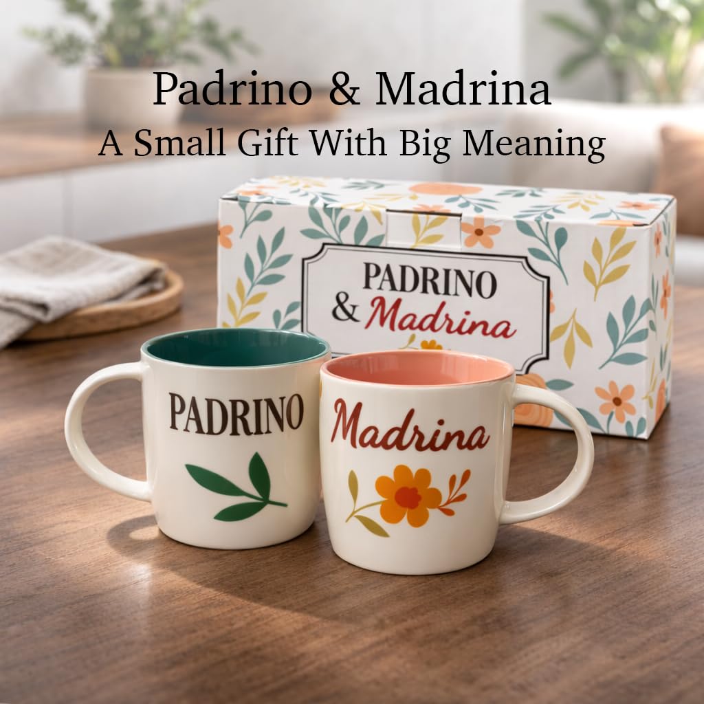 Triple Gifffted Padrino and Madrina Coffee Mugs Set, Godparents Gifts for Baptism or Christening, Proposal Gift Asking Godfather Godmother, Religious Keepsake, Christmas Day, 13oz Ceramic