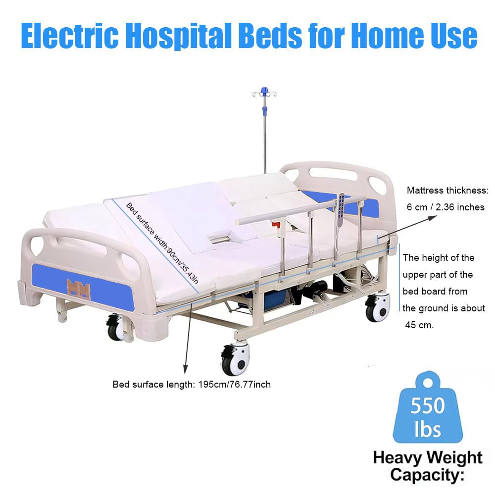 Letto ospedaliero elettrico Premium per terapia intensiva, inclinazione laterale, letto medico elettrico con materasso e asta portaflebo, tavolo da pranzo e ruote da con freno (bed)