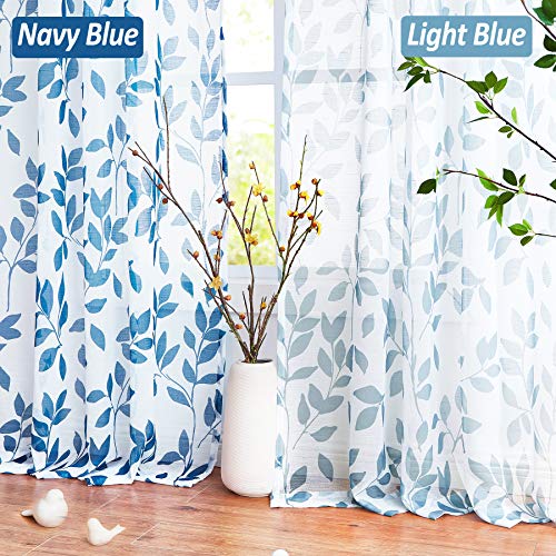 Image of Navy-Blue Sheer Curtains Living Room 84 inches Length Floral Leaves Printed on White Semi Sheer Drapes for Bedroom Privacy Linen Textured Window Panels for Guest Room Office Studio, 2 Panels