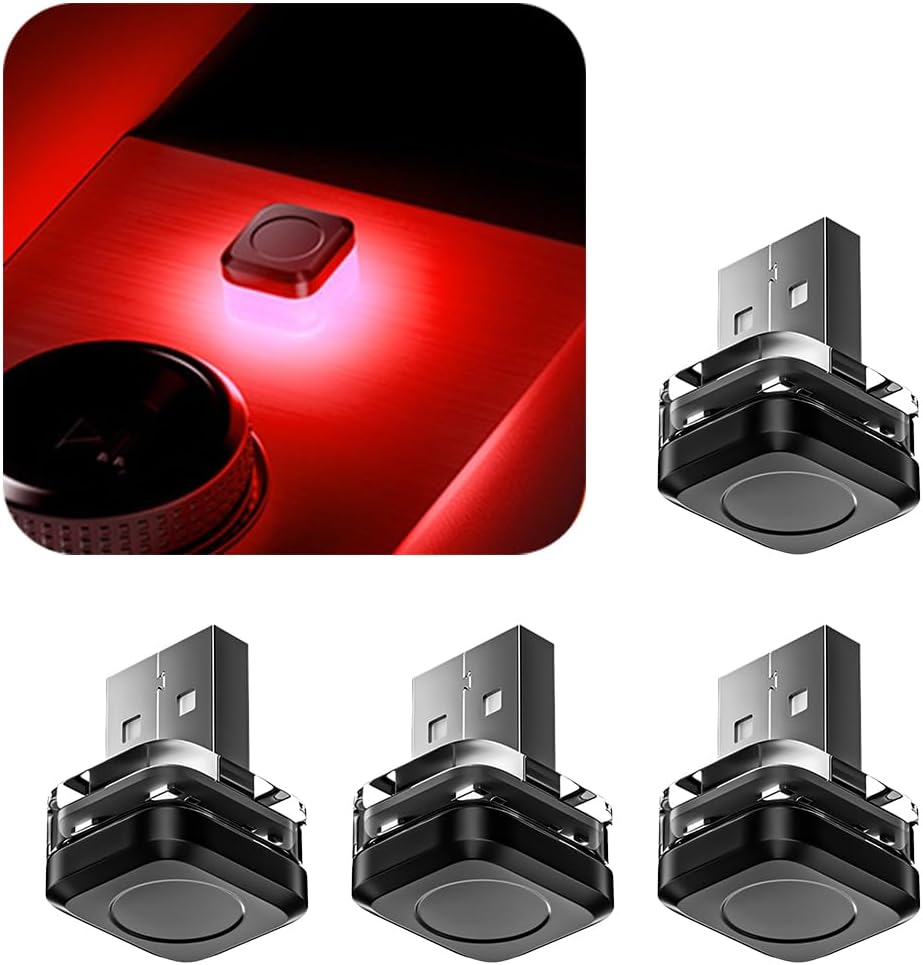 4PCS Car Interior USB LED Light, Portable Plug-in Bright Vehicle Atmosphere Decor Lamp, Small Automotive Inside Decoration Ambient Night Light Kit, Universal for SUV Van Truck (Red)