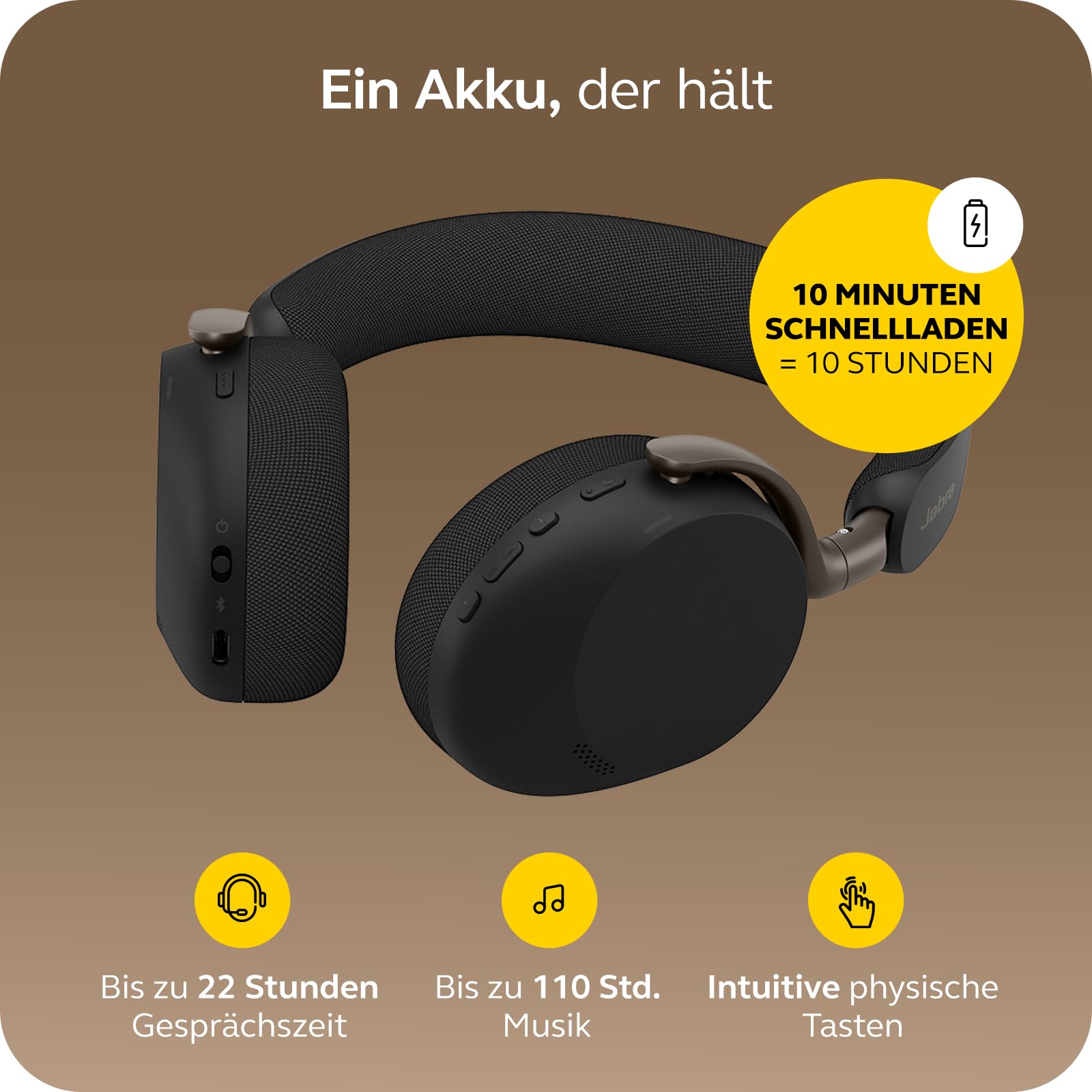 Jabra Evolve3 75 On-Ear Bluetooth Headset kabellos mit Mikrofon für Büro, USB-C, KI-Sprachanruf, Erweiterte Aktive Geräuschunterdrückung, 22h Akku, MS Teams Zertifiziert, Schwarz