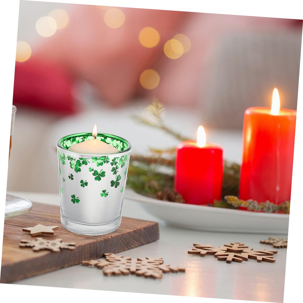 Mobestech 12pièces Bougeoirs Verre Vert Motif pour Saint-Patrick Décoration De Table pour Mariage Et Dîners Intérieurs