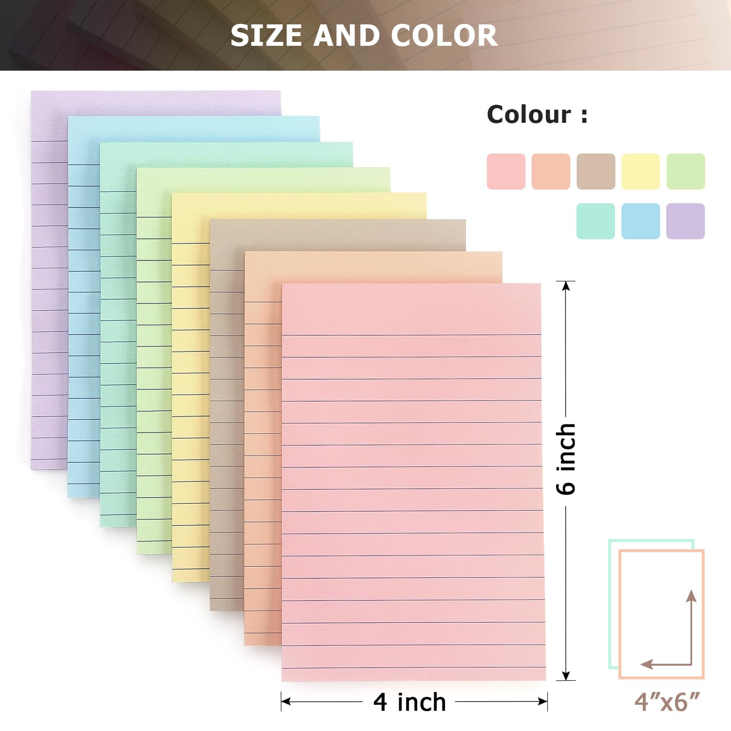 4x6 Inch Lined Sticky Notes, 8 Pack, Light Colors, Premium Self-Adhesive Notepads, Large Sticky Pads for Office, School & Home Use, Easy to Use, Reusable & Removable: 8 Pads Light Colors 4x6 in
