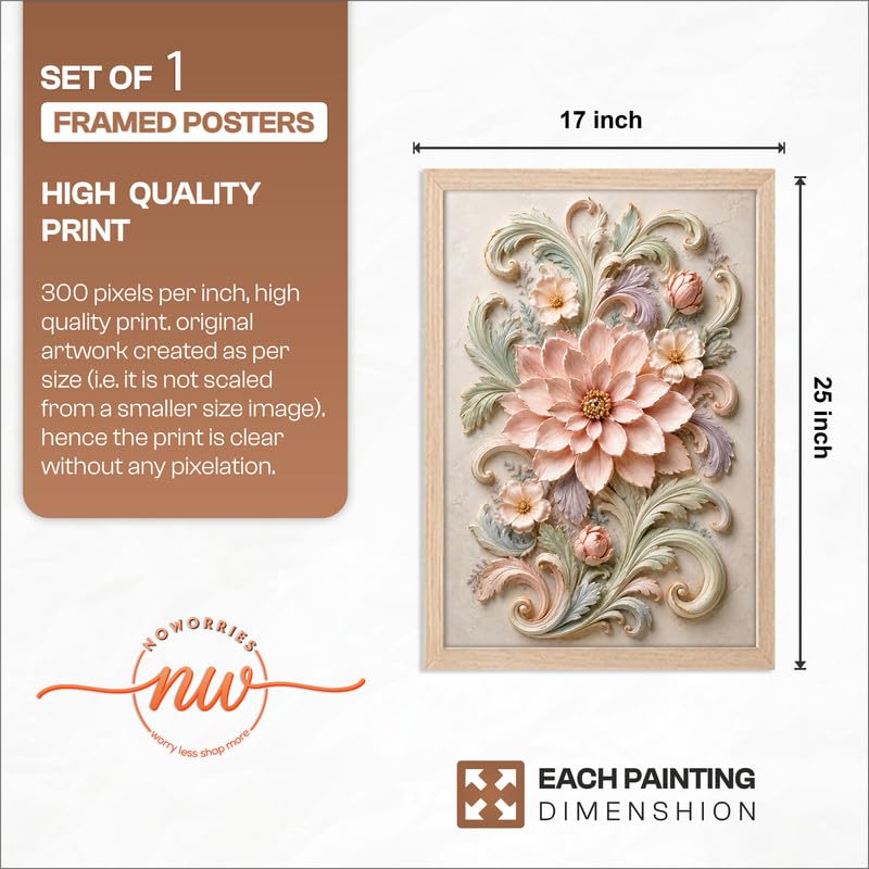 Image of NoWorries Floral Botanical Wall Painting with Frame | Premium Textured Flower & Leaf Artwork, Pastel Nature Wall Decor Framed for Living Room Bedroom Office and Home Decoration (Art-8,17x25inch)