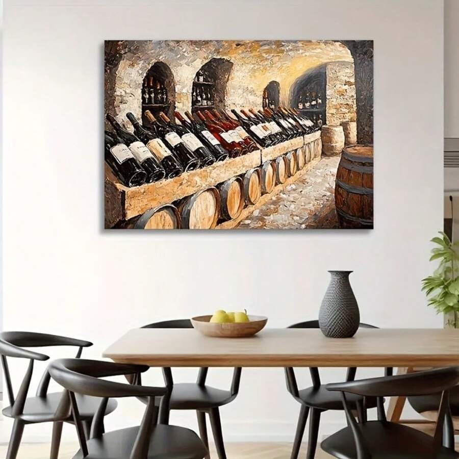 Toile cave à vin rétro cadre en bois affiche bouteilles et tonneaux de vin