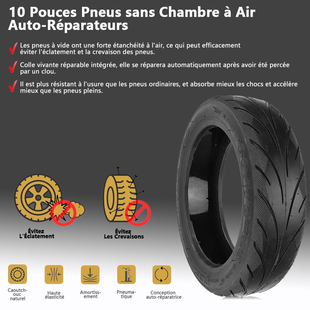 60/70-6,5 Pneu Sous Vide avec Valve pour Xiaomi 5/5 Pro/5 Max, pour Ninebot Max G30 Trottinette électrique 10x2,5-6,5 Pneu de Rechange avec Colle Vivante Intégrée Réparable Anti-crevaison