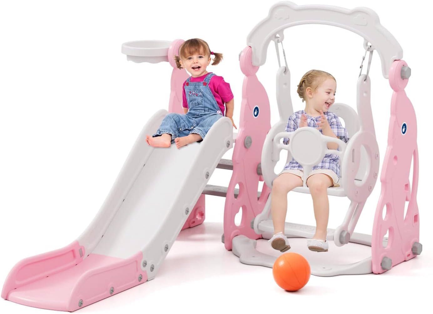 Glaf 6 in 1 Toddler Slide and Swing Set Toddler Outdoor Playset Kids Slide for Toddlers 1-3 Baby Slide with Basketball Hoop,Swing,Climber Toys for 1 Year Old Indoor Playground (Light Pink)