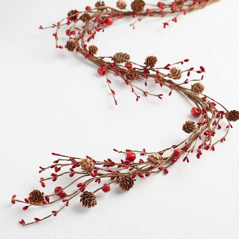 Artificial Pinecones Red Jingle Bells and Pip Berry Garland – Christmas Rustic Berries, Farmhouse Home Decor for Table Arrangements, Fireplace Mantel, and Holiday Centerpiece Decorations (60" Long)