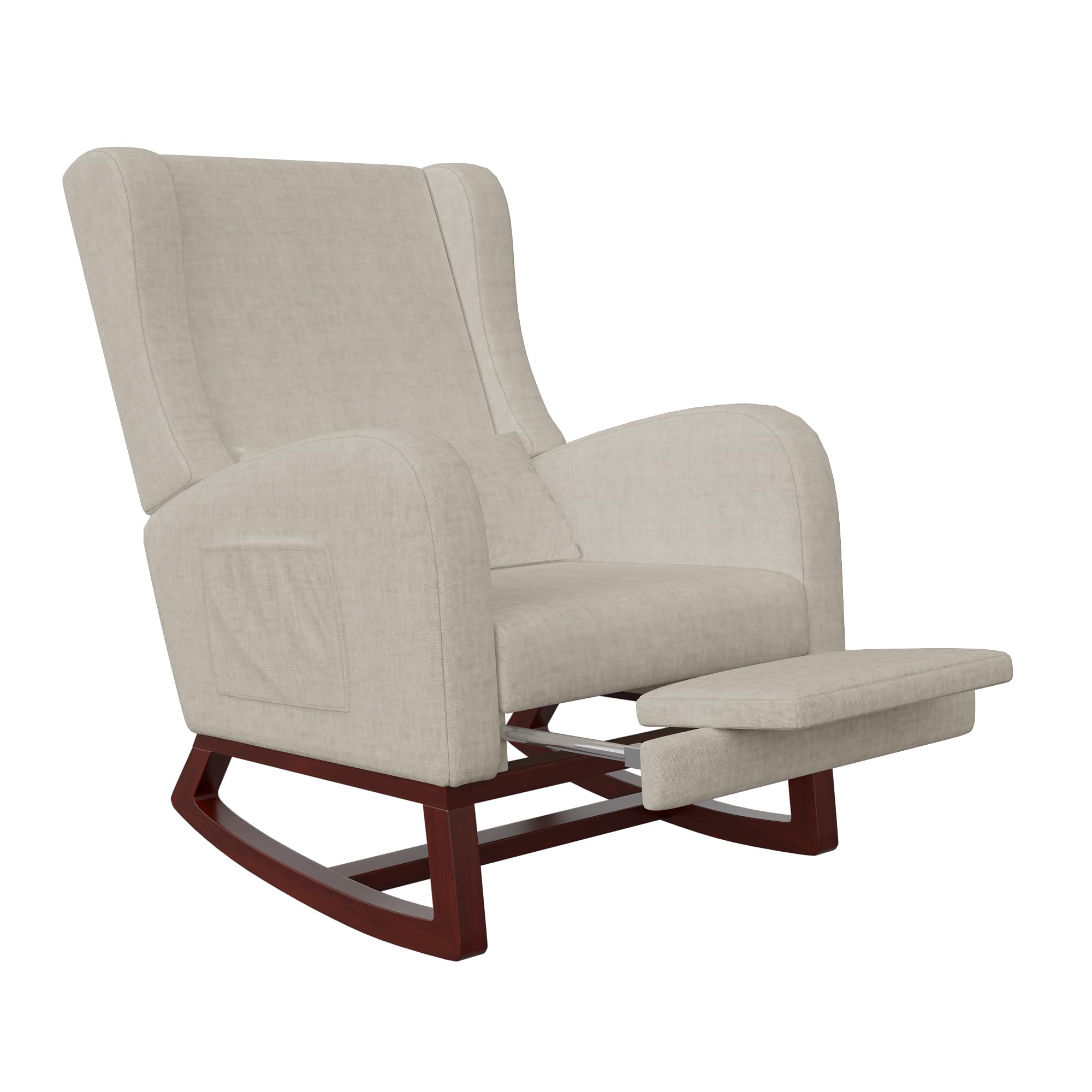 Fauteuil à Bascule, avec accoudoirs et Poches latérales, Chaise d'allaitement Ergonomique avec Coussins, Structure en Bois Massif, Chaise Longue pour Salon ou Chambre (Beige + Velours Givré)