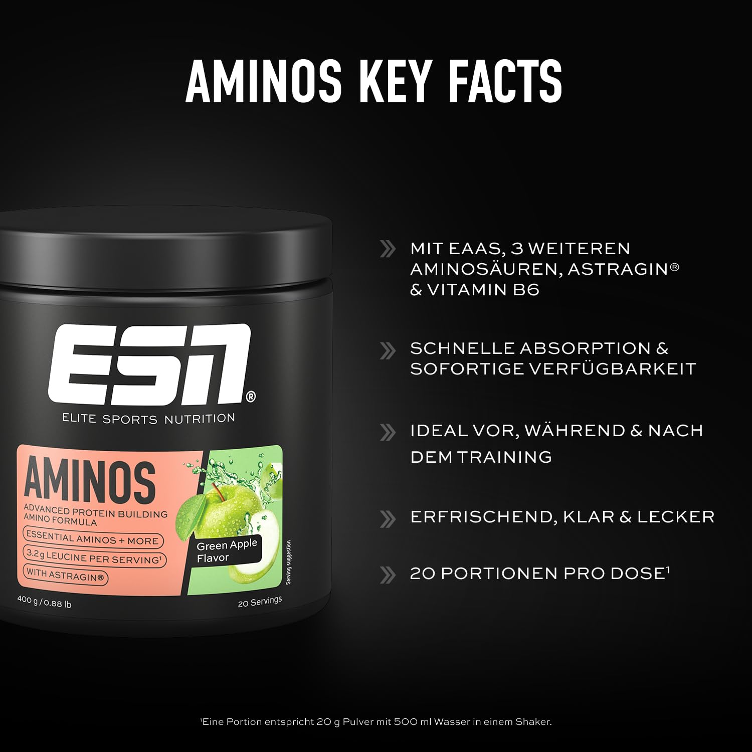 ESN AMINOS, Green Apple, 400 g, feines Amino-Pulver mit essentiellen Aminosäuren & Astragin, 3,2 g Leucin pro Portion, ideale Löslichkeit, vegan - made in Germany
