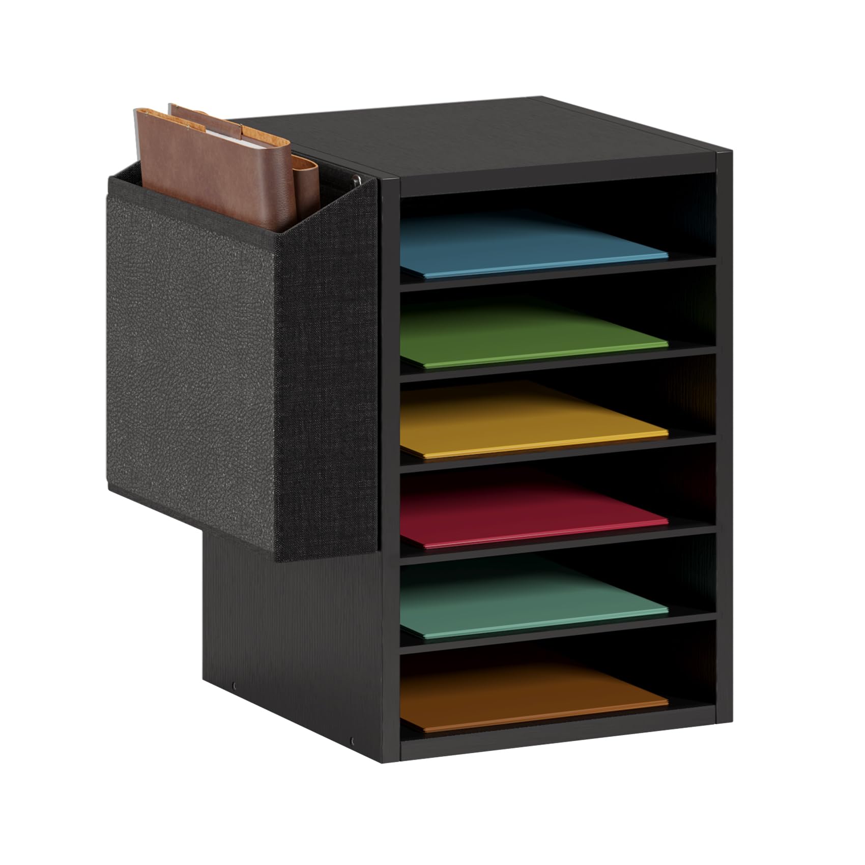 Unionly Wood Desktop 6 Tier A4 Filing Tray with Adjustable Shelves,Office Desk Mail Sorter File Holder with Name Slots,Paper Organiser with side pocket for Office, Home, Classroom, Mailrooms