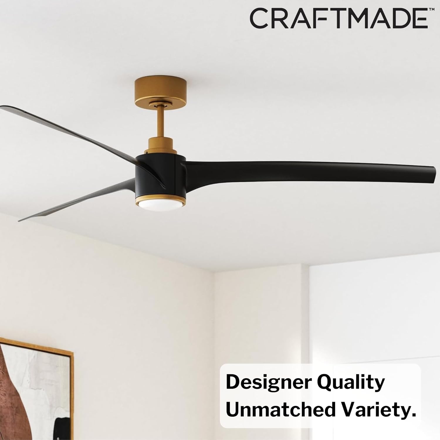Craftmade PHB60FBSB3-NWF Phoebe 60 Inch Ceiling Fan | Remote Control Included | Optional Integrated LED Light Kit | Black/Satin Brass Finish with Flat Black Blades | Dry Rated | WiFi Sold Separately