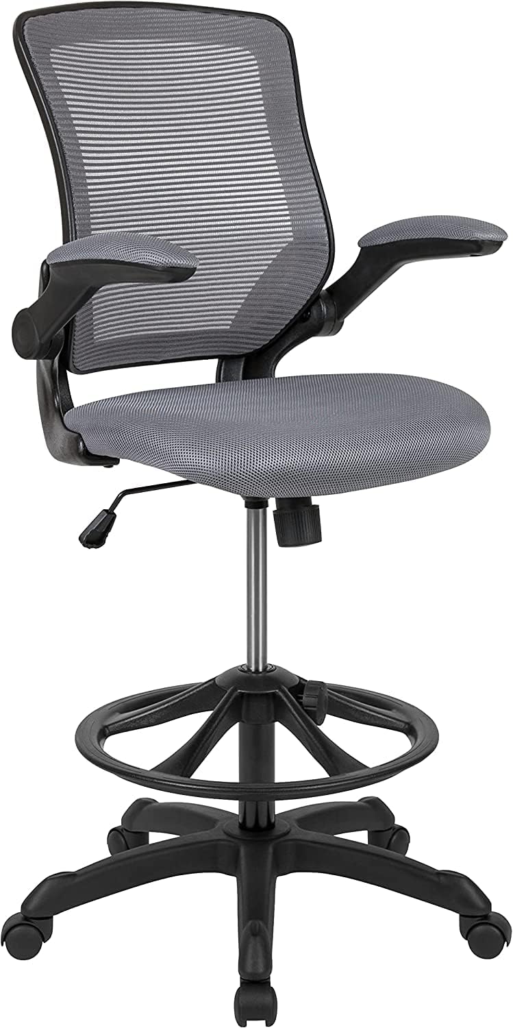 Flash Furniture Midback Drafting Chair, Dark Gray Mesh, Ergonomic, Adjustable Foot Ring, Flip-up Arm, Width 24.0 x Depth 24.0 x Height 49.0 inches (61.0 x 61.0 x 125.7 cm)