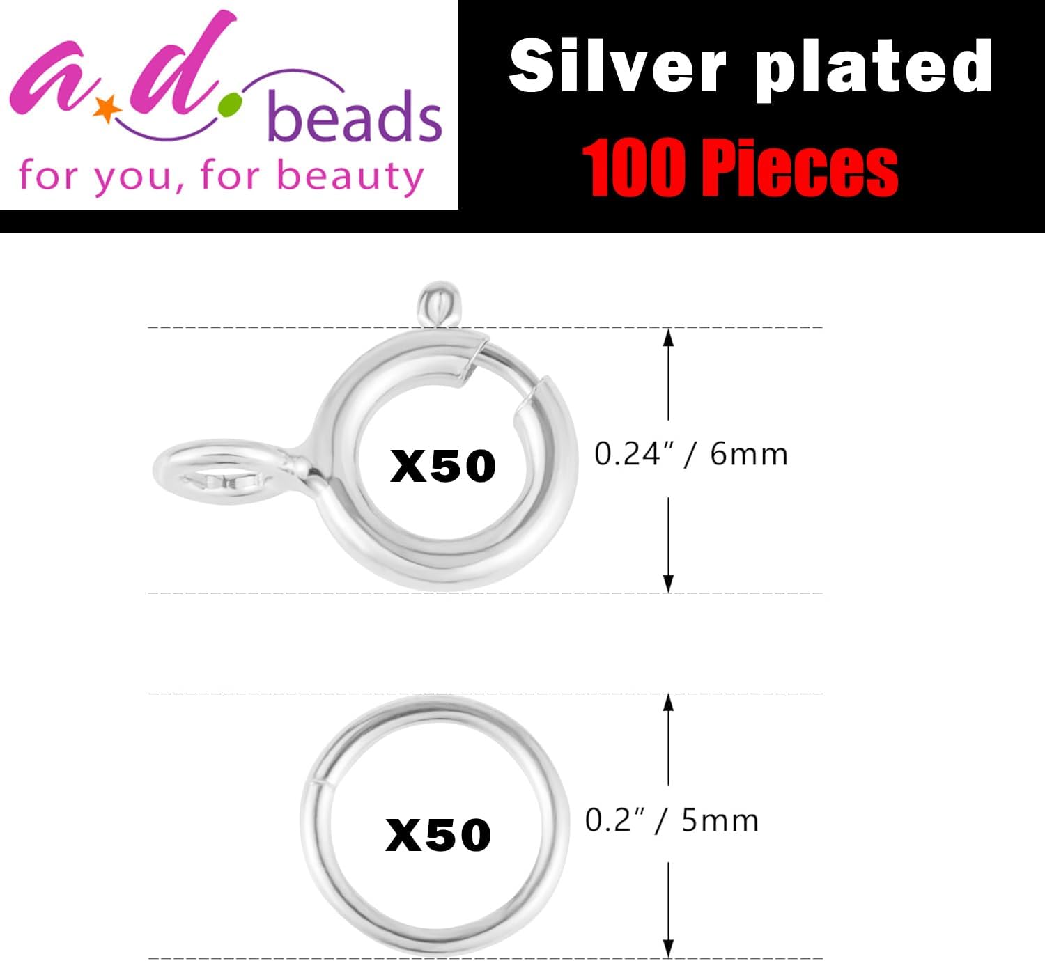AD Beads Spring Clasps 14K Gold Plated and Silver Plated with Open Jump Rings Round Clasps for Necklaces Bracelet Or Jewelry Making (50Pcs Silver Plated) - Image 2