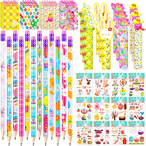 48 Pcs Easter Stationery, Easter Pencils Mini Coil Notebooks Rulers Tattoo Stickers for Kids Party Favor Fillers Classroom Reward Prizes Carnival School Supplies for Students