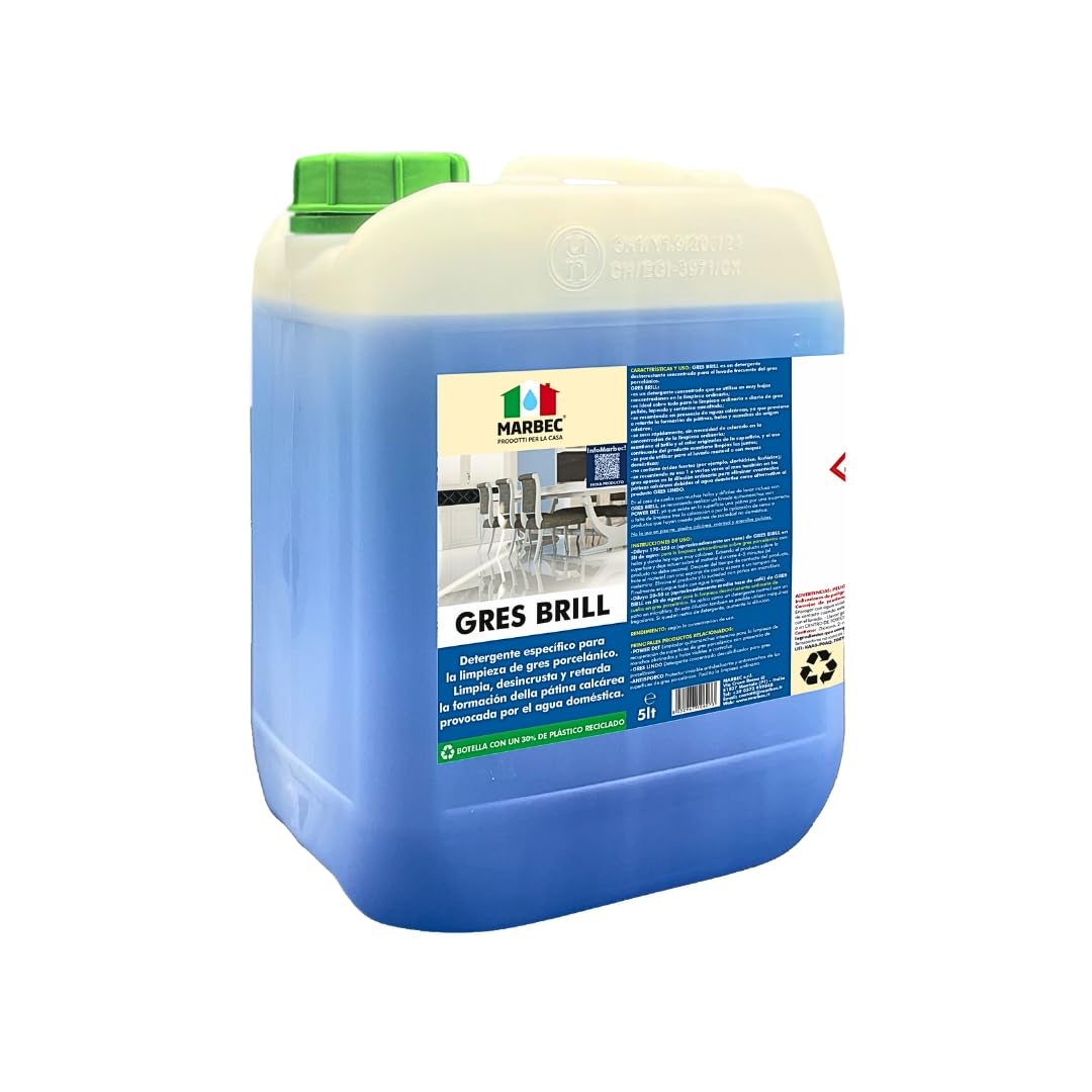 MARBEC GRES BRILL 5LT Detergente específico para la limpieza de gres porcelánico. Limpia, desincrusta y ralentiza la formación de cal causada por el agua doméstica.