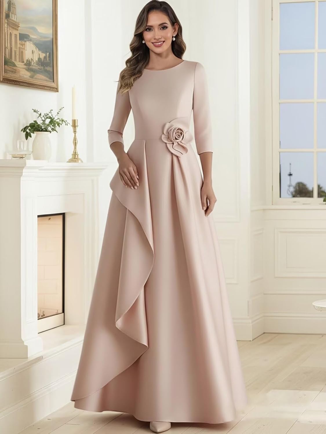 Long Sleeve Mother of The Bride Dresses for Women Satin Ruffle Fall Formal Evening Dresses with Pocket - Image 5