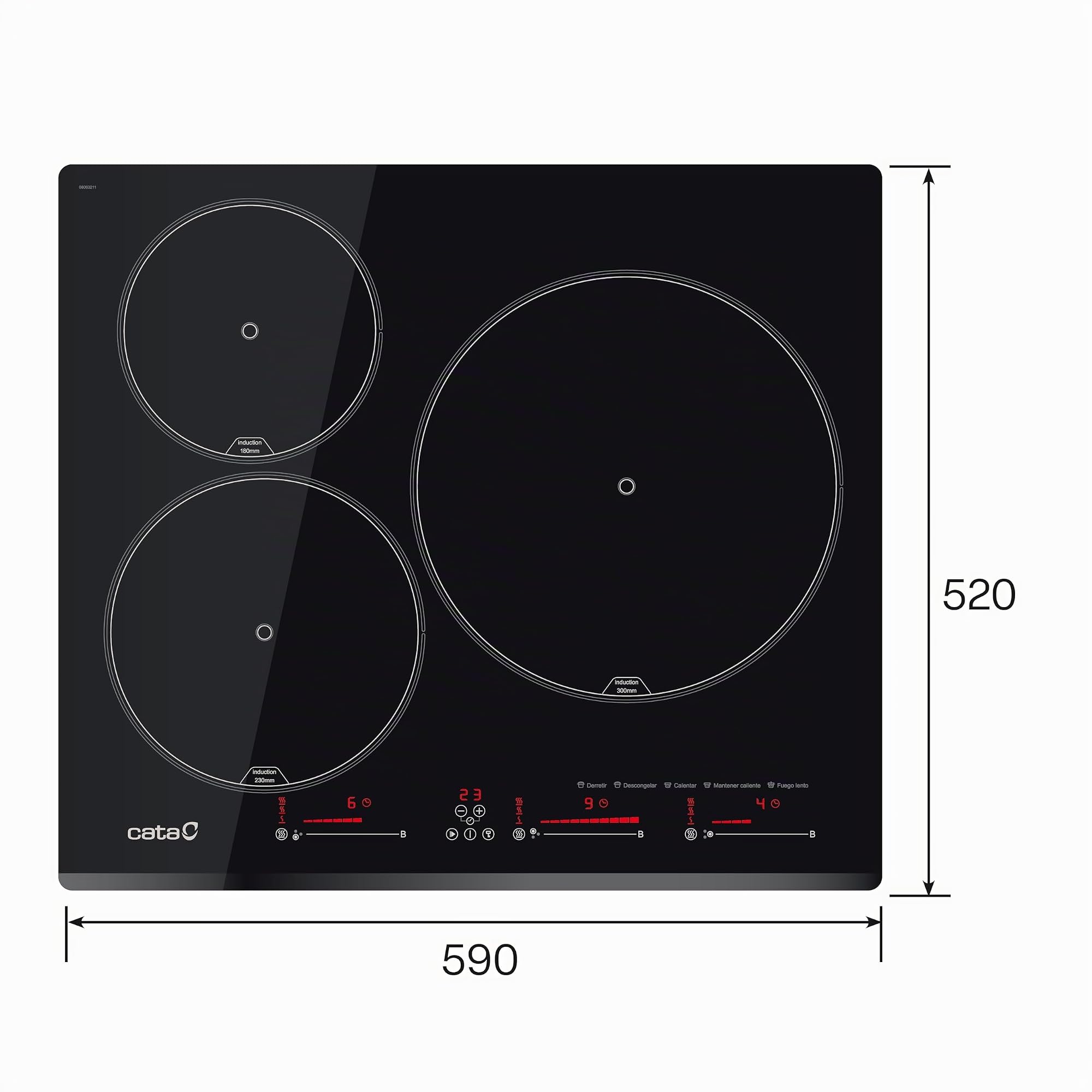 Cata Placa de Inducción INSB 6003 E2 BK, 3 Zonas Cocción, Ancho 59 cm, Control Táctil Deslizante, 9 Niveles Potencia, Funcion Pausa/Temporizador, Detección recipientes, Color Negro