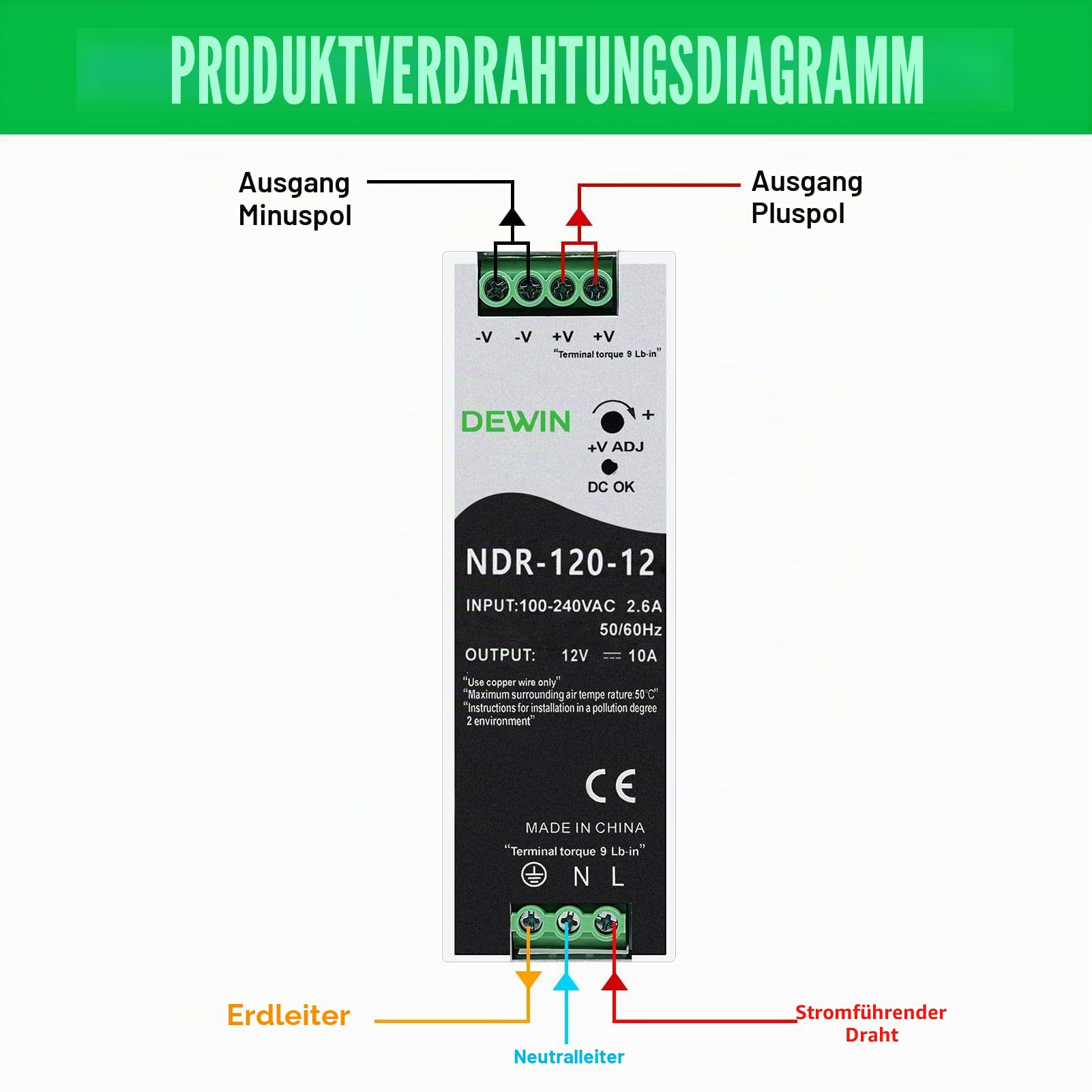 120W 10A 12V Netzteil Hutschiene, Din Rail Power Supply mit Überspannungs, Überlast, Kurzschlussschutz usw. Eingang AC 100-240V 2.6A, Ausgang DC 12V 10A