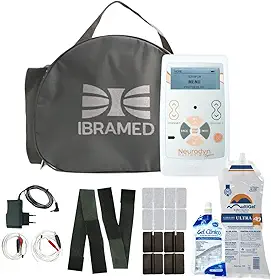 Ibramed Neurodyn Portátil System Aparelho de Eletroestimulação Bivolt FES e TENS para Fisioterapia e Reabilitação com Bolsa Safira, Eletrodos Autocolantes, Gel Condutor e Faixas Elásticas
