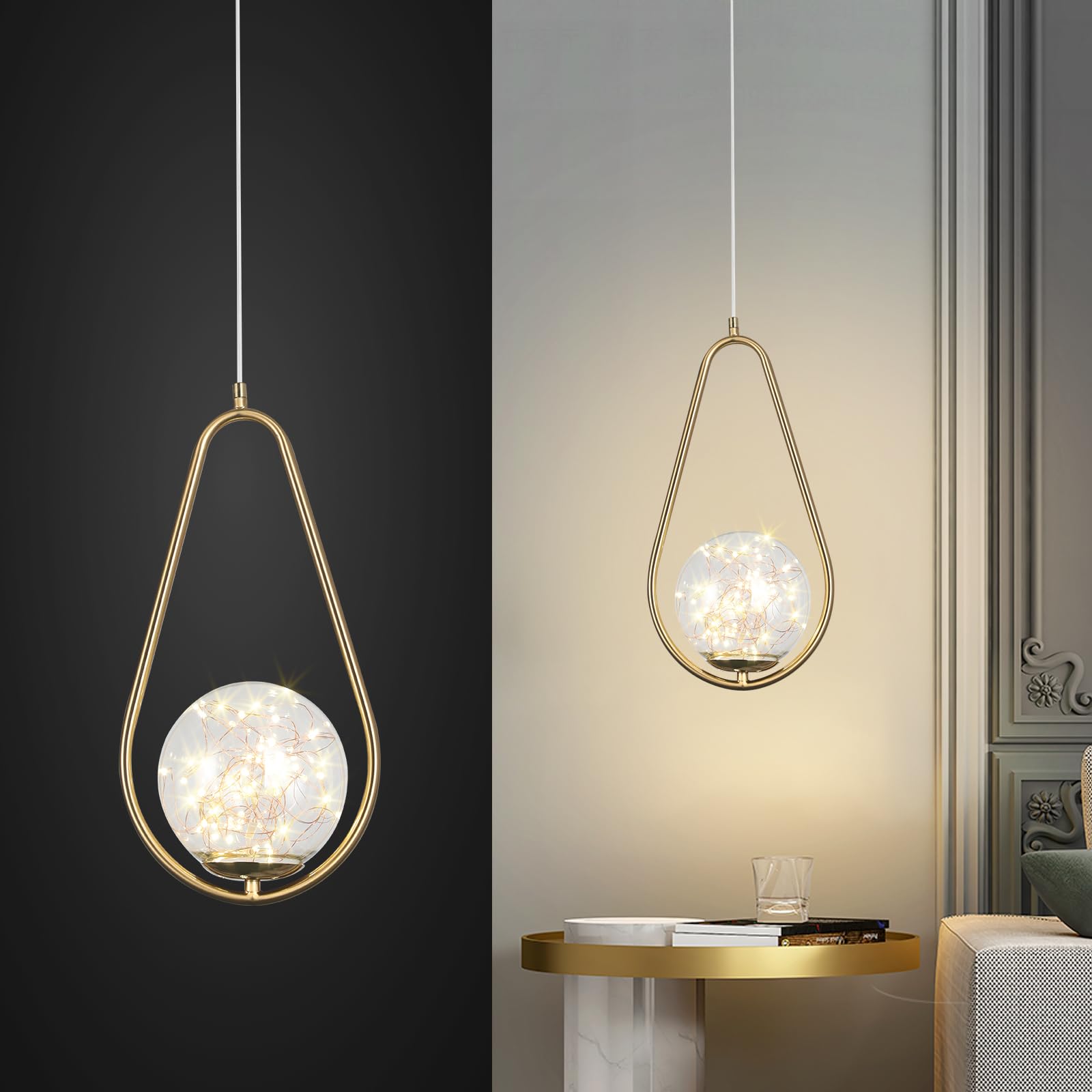 YATAI Modern Golden Oval Pendant Chandelier Light, 22cm Glass Globe Shade, Adjustable Hanging LED Lamp for Bedroom, Living Room, Dining Room, Kitchen Island,6W