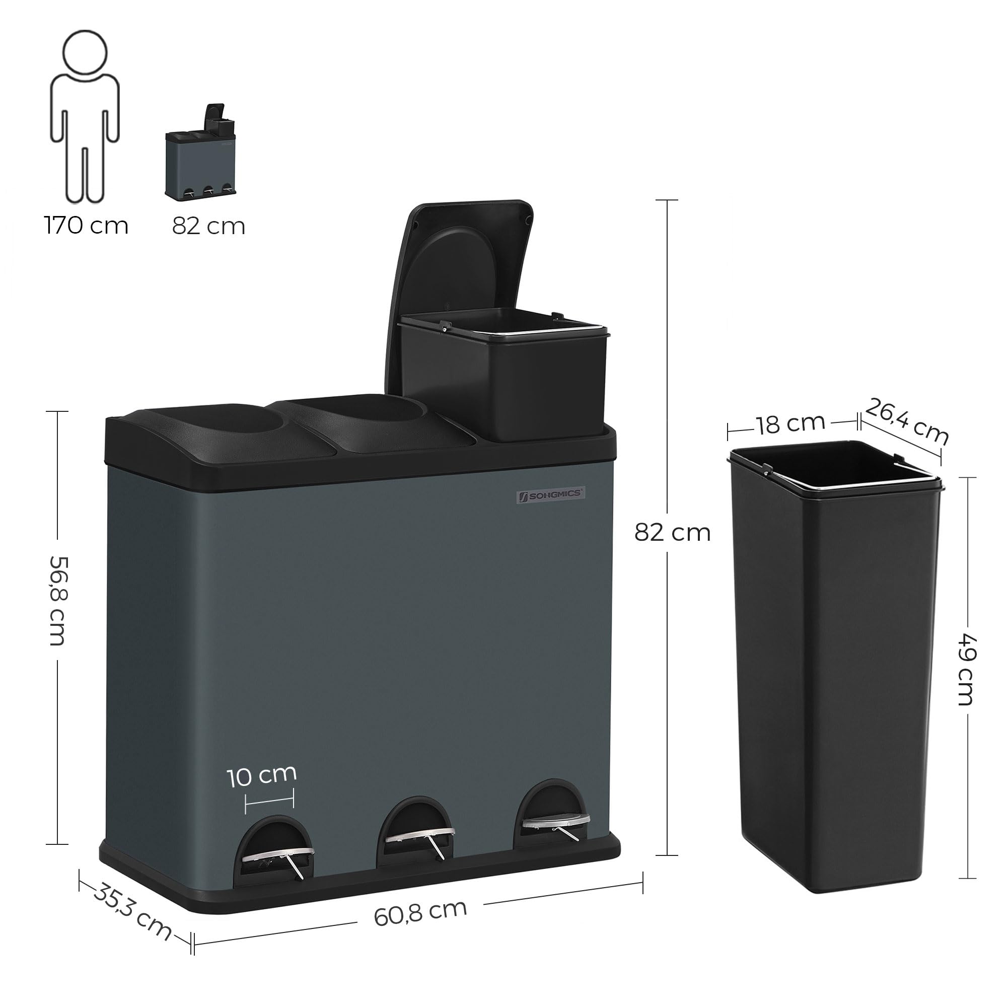 SONGMICS Poubelle de recyclage 54 L, en acier, 3 compartiments