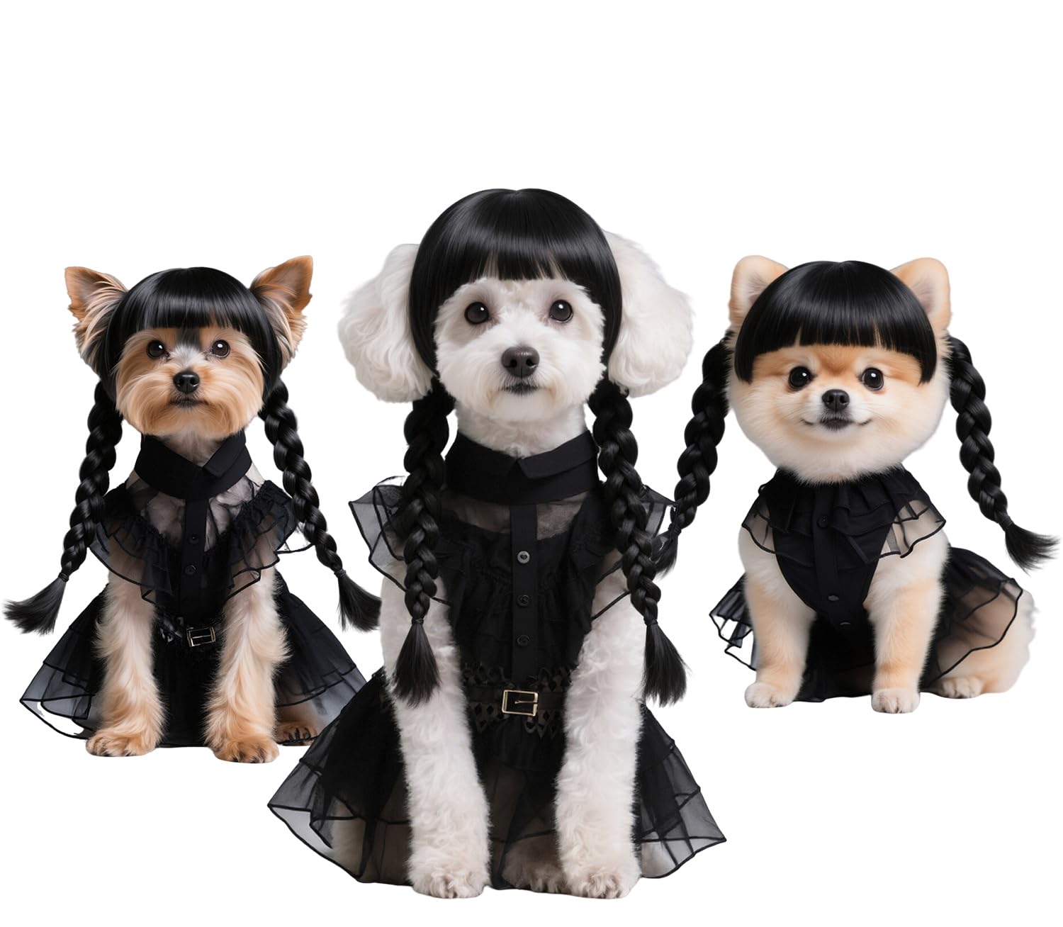 AN002S Lot de 3 vêtements pour chiens de petite taille avec perruque et ceinture – Vêtements pour chiens et chats – Costume pour cosplay, Halloween, fête d'anniversaire – Noir