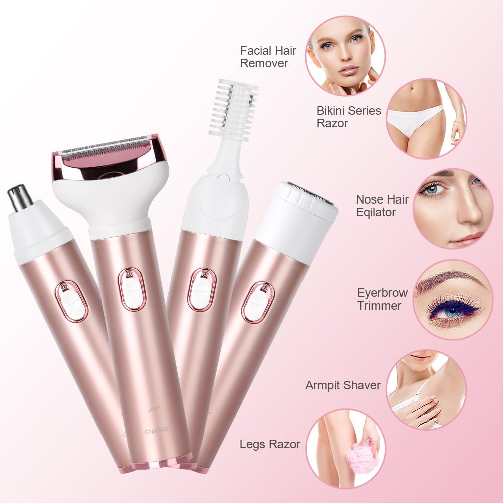 ACWOO Rasoio Elettrico Donna, 4 in 1 Epilatore Senza Fili, Ricaricabile Epilatore viso, Depilatore Donna Multifunzione a Secco e Bagnato per Una Rasatura Delicata e Accurata, Impermeabile